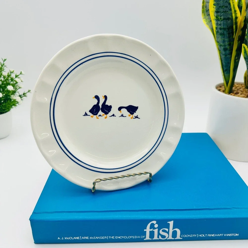 Vintage Ceramica Castellamare Italy Blue Country Goose Appetizer Plates Set of 2